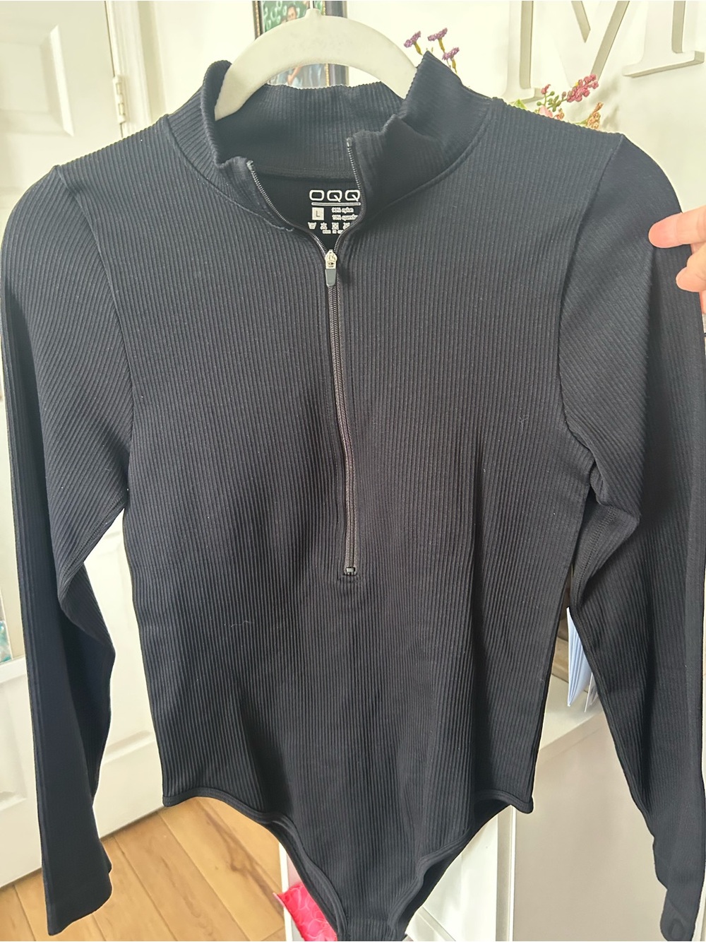 Women's Black Ribbed Half-Zip Bodysuit Top